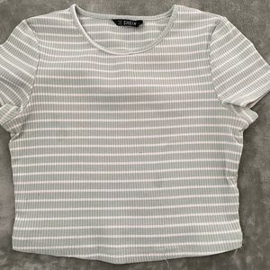 mint green and white striped shirt